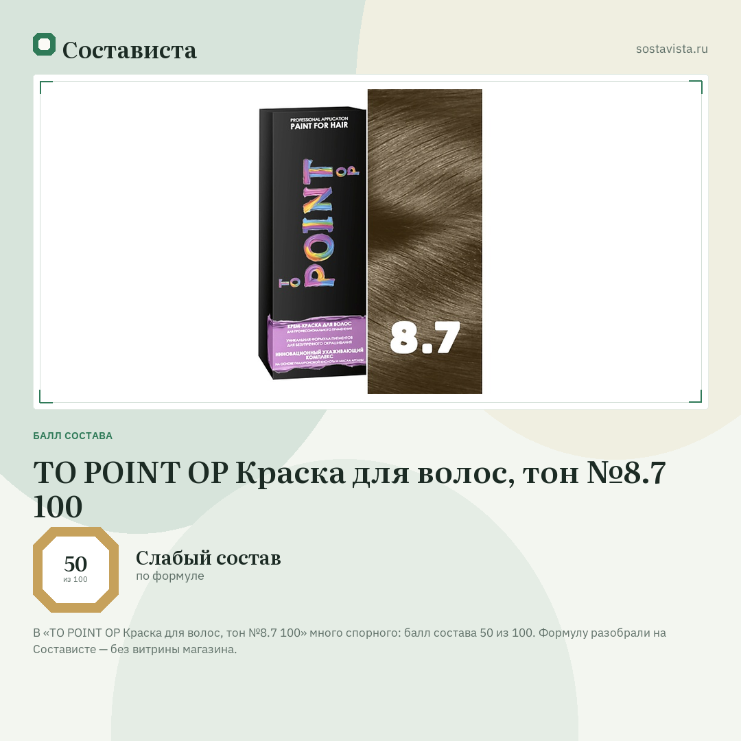 TO POINT OP Краска для волос, тон №8.7 100: балл состава 50 из 100 — Состависта