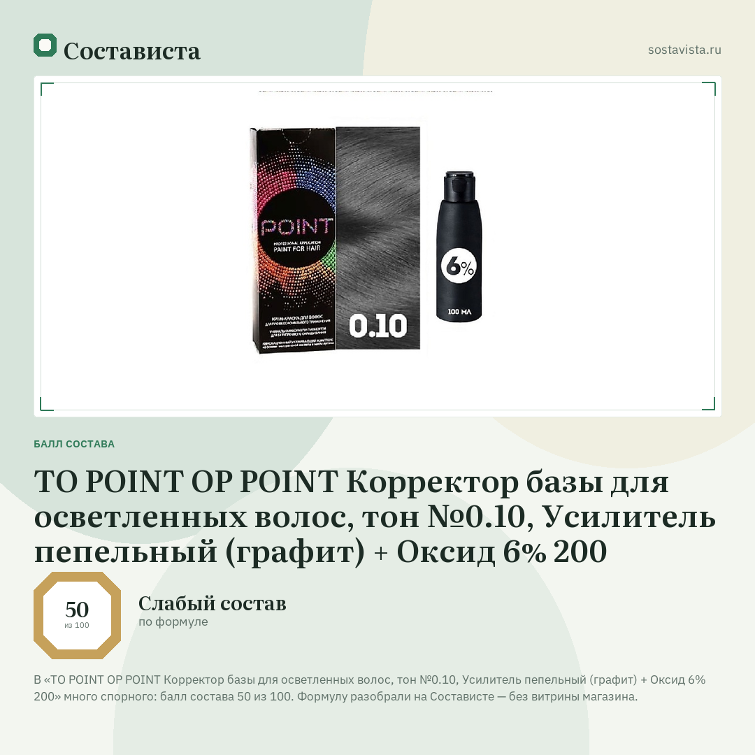 TO POINT OP POINT Корректор базы для осветленных волос, тон №0.10, Усилитель пепельный (графит) + Оксид 6% 200: балл состава 50 из 100 — Состависта