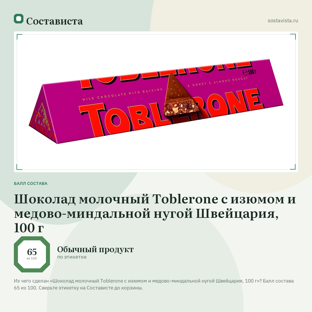Шоколад молочный Toblerone с изюмом и медово-миндальной нугой Швейцария, 100 г: балл состава 65 из 100 — Состависта