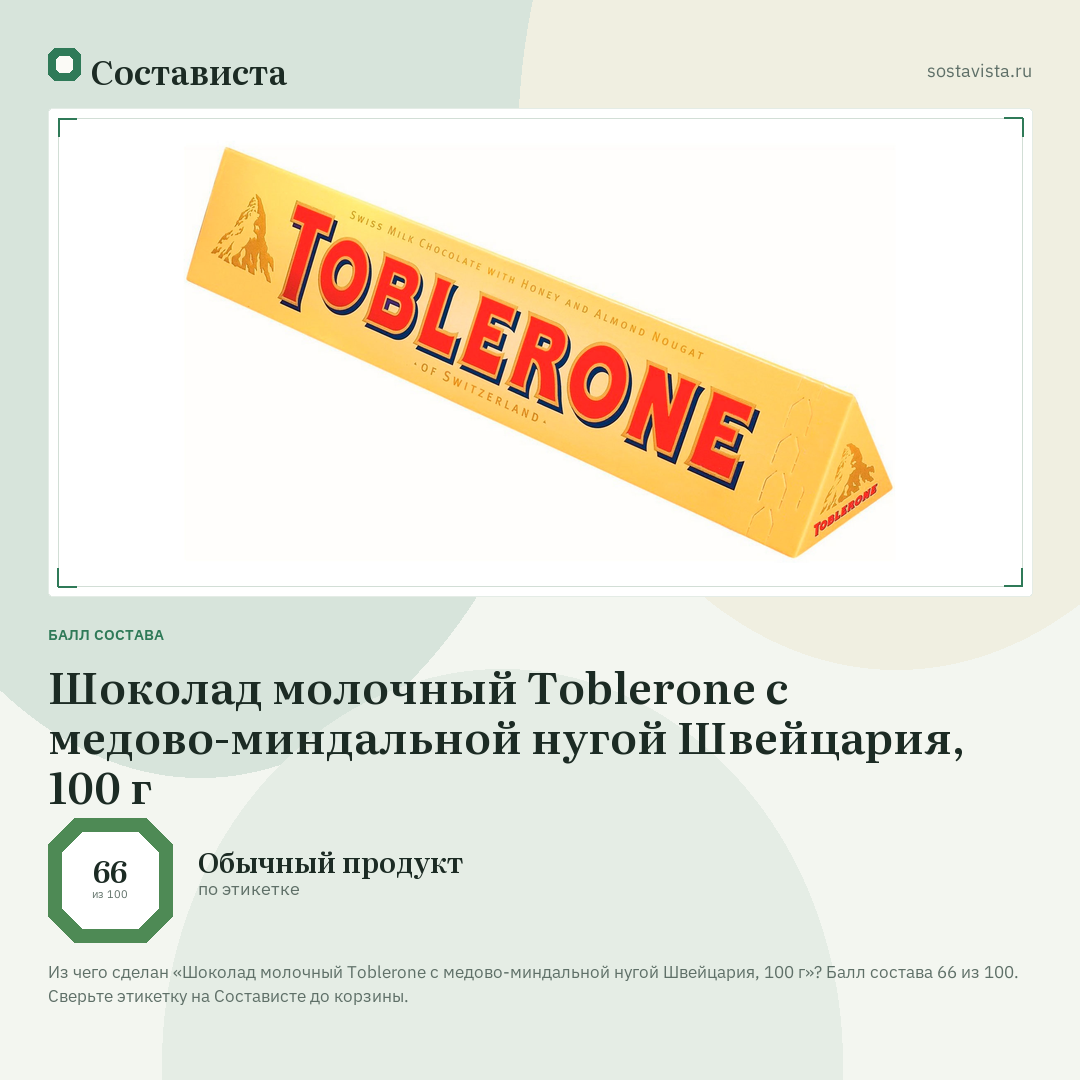 Шоколад молочный Toblerone с медово-миндальной нугой Швейцария, 100 г: балл состава 66 из 100 — Состависта
