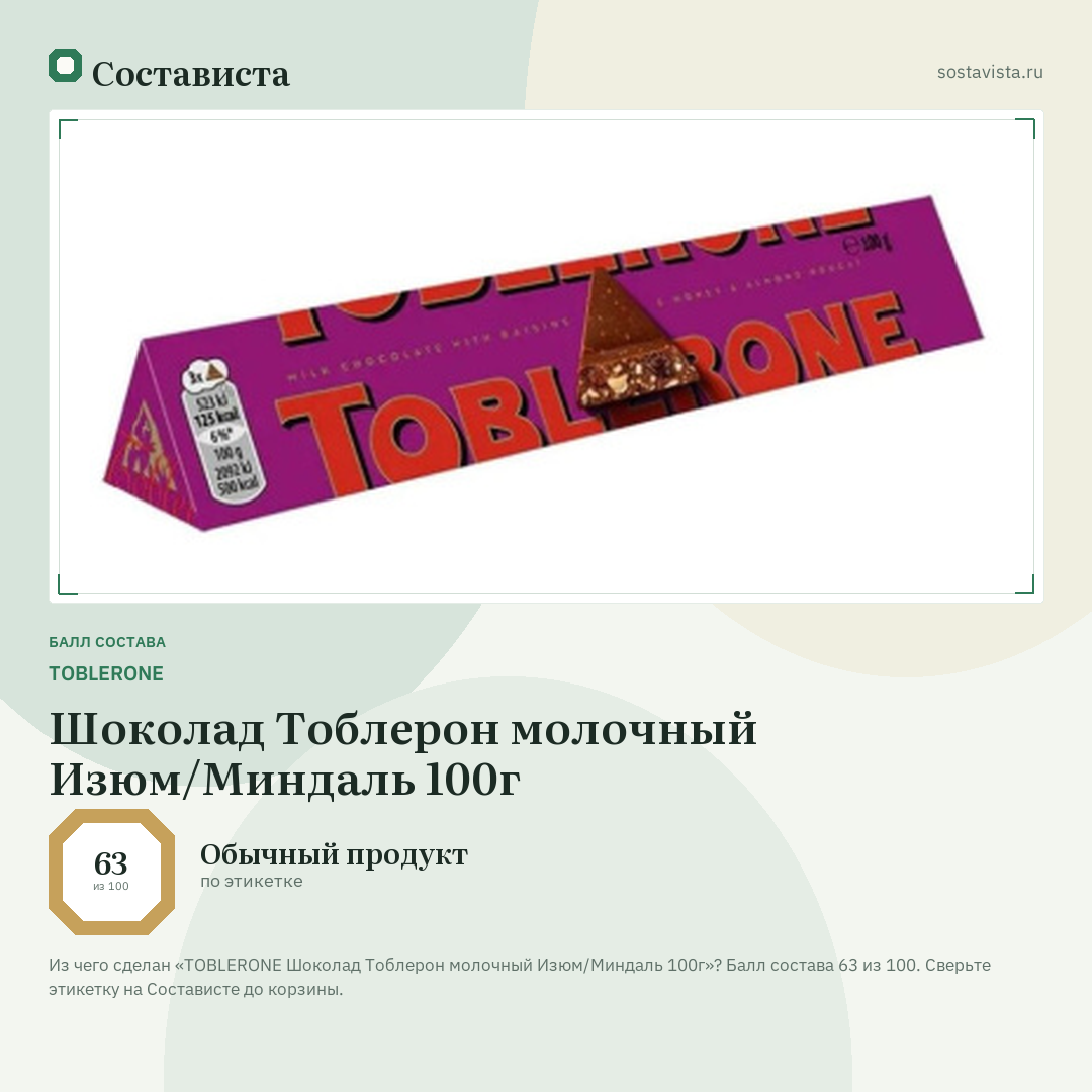 TOBLERONE Шоколад Тоблерон молочный Изюм/Миндаль 100г: балл состава 63 из 100 — Состависта