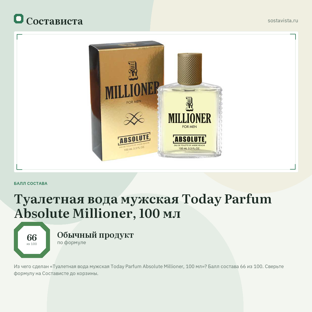 Туалетная вода мужская Today Parfum Absolute Millioner, 100 мл: балл состава 66 из 100 — Состависта