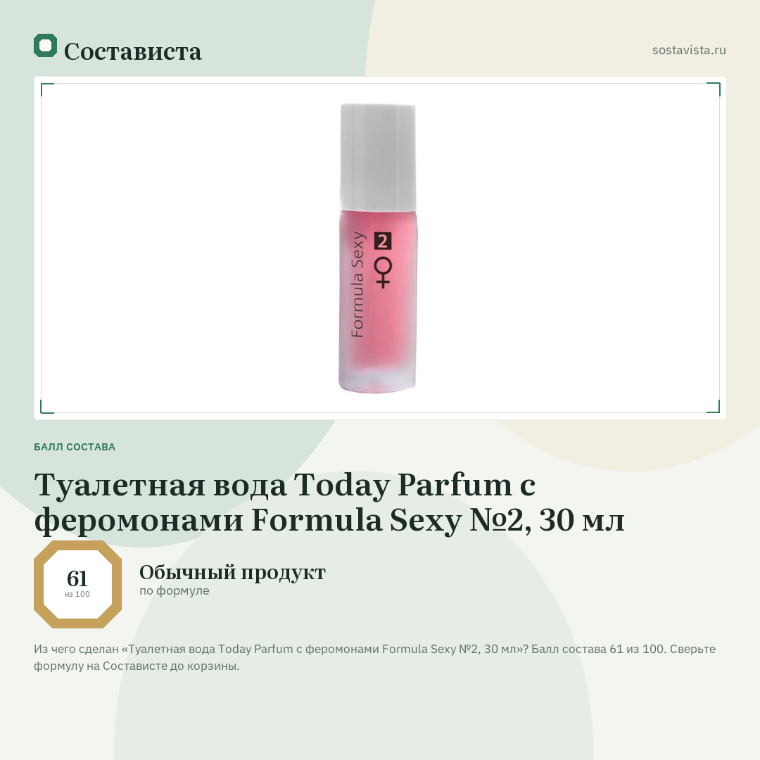Туалетная вода Today Parfum с феромонами Formula Sexy №2, 30 мл: балл состава 61 из 100 — Состависта