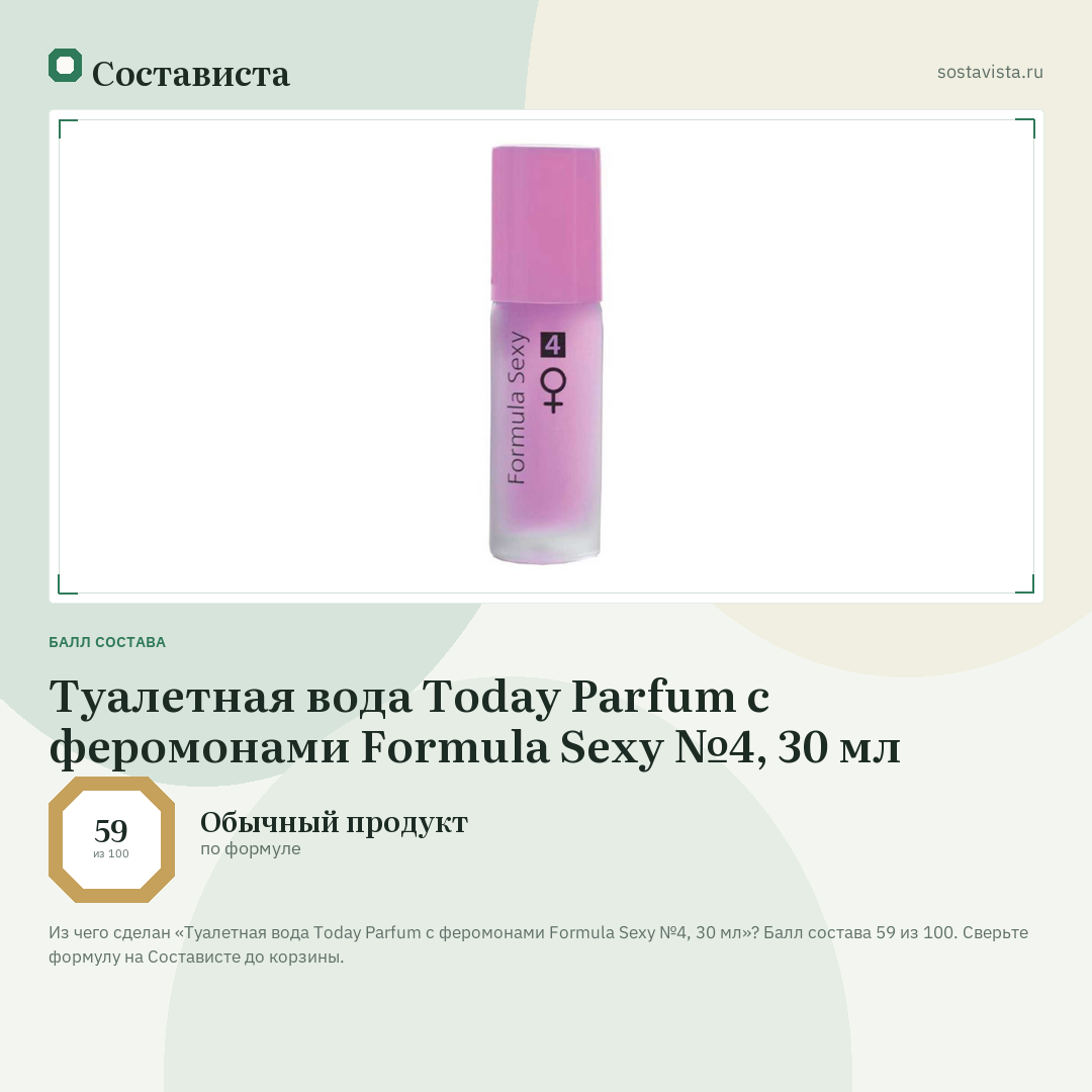 Туалетная вода Today Parfum с феромонами Formula Sexy №4, 30 мл: балл состава 59 из 100 — Состависта