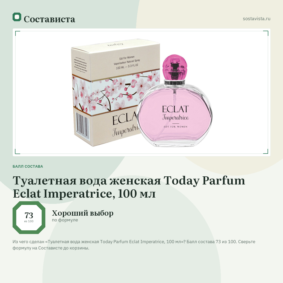 Туалетная вода женская Today Parfum Eclat Imperatrice, 100 мл: балл состава 73 из 100 — Состависта