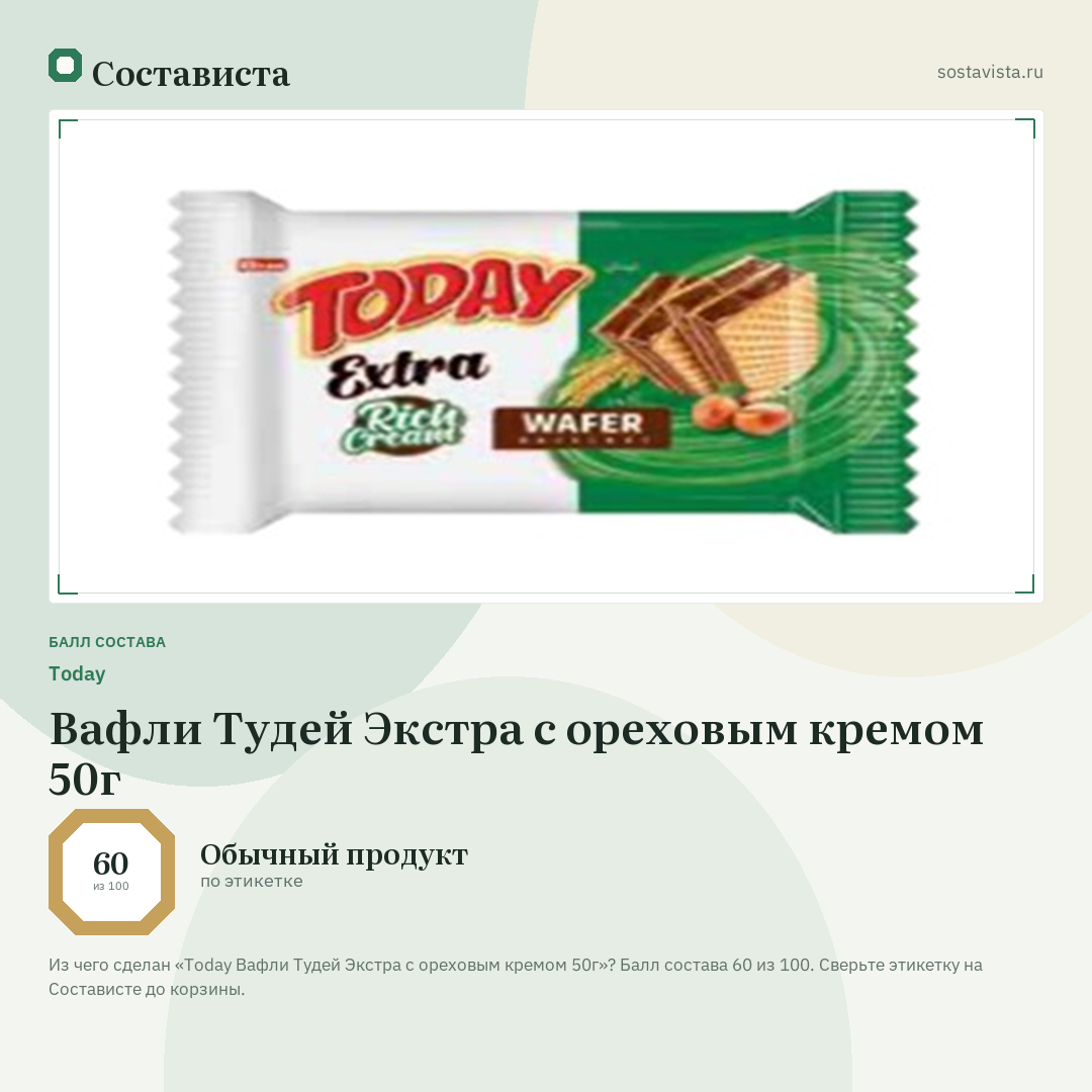 Today Вафли Тудей Экстра с ореховым кремом 50г: балл состава 60 из 100 — Состависта