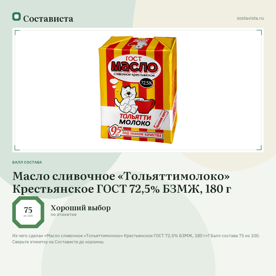 Масло сливочное «Тольяттимолоко» Крестьянское ГОСТ 72,5% БЗМЖ, 180 г: балл состава 75 из 100 — Состависта