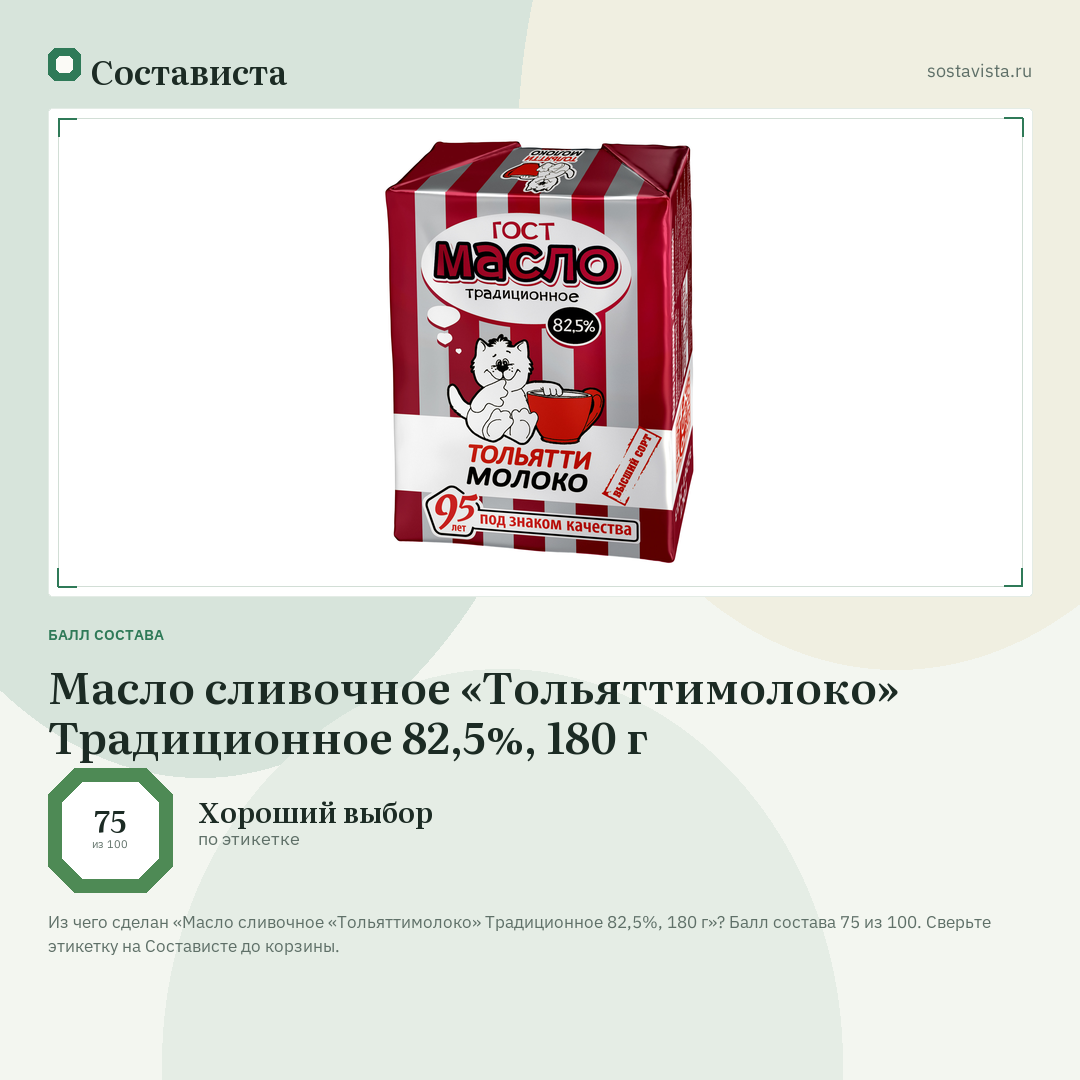 Масло сливочное «Тольяттимолоко» Традиционное 82,5%, 180 г: балл состава 75 из 100 — Состависта