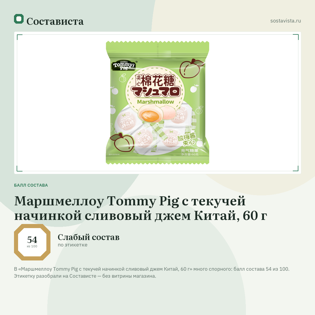 Маршмеллоу Tommy Pig с текучей начинкой сливовый джем Китай, 60 г: балл состава 54 из 100 — Состависта