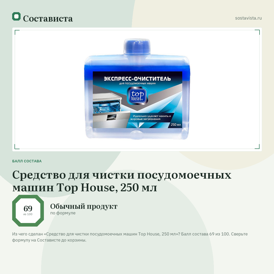 Cредство для чистки посудомоечных машин Top House, 250 мл: балл состава 69 из 100 — Состависта