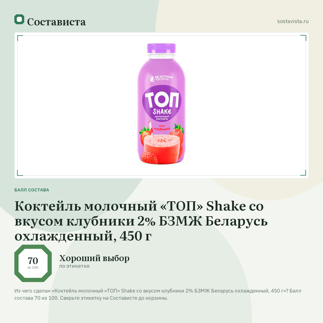 Коктейль молочный «ТОП» Shake со вкусом клубники 2% БЗМЖ Беларусь охлажденный, 450 г: балл состава 70 из 100 — Состависта