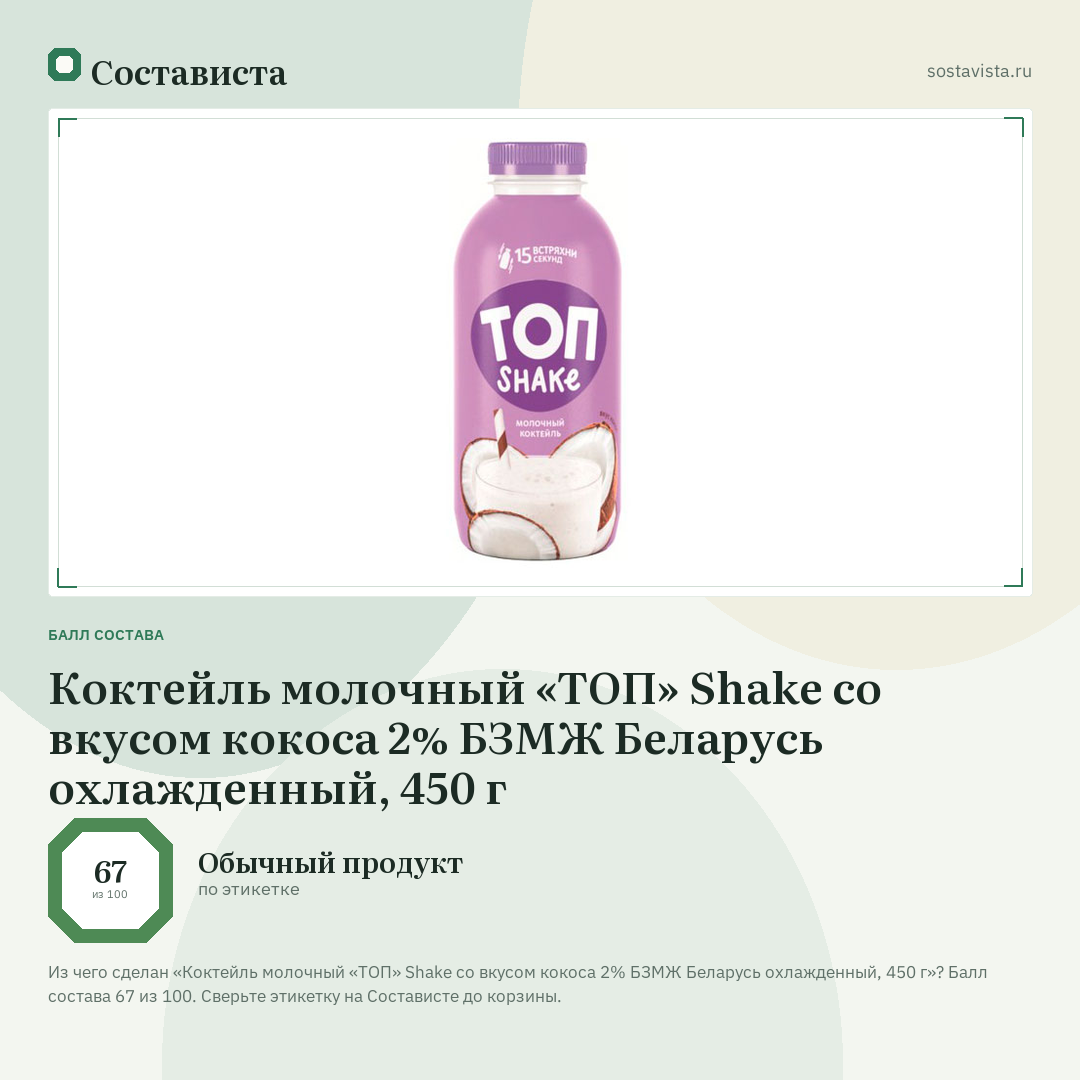 Коктейль молочный «ТОП» Shake со вкусом кокоса 2% БЗМЖ Беларусь охлажденный, 450 г: балл состава 67 из 100 — Состависта