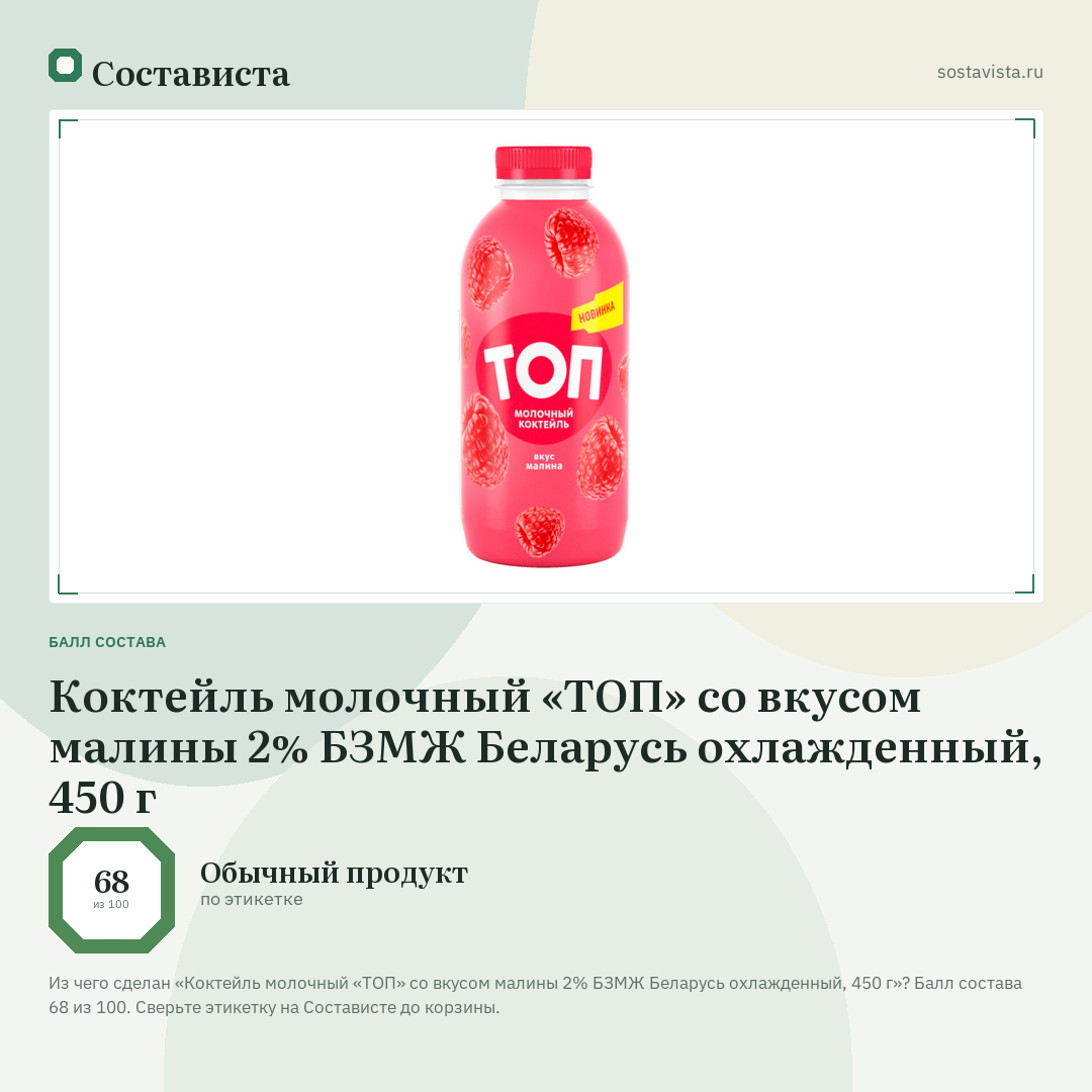 Коктейль молочный «ТОП» со вкусом малины 2% БЗМЖ Беларусь охлажденный, 450 г: балл состава 68 из 100 — Состависта