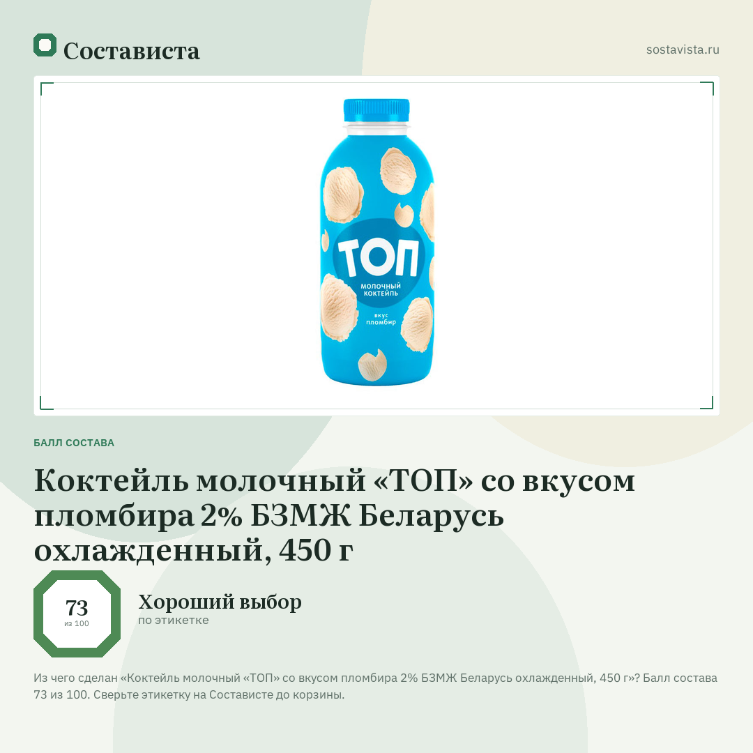 Коктейль молочный «ТОП» со вкусом пломбира 2% БЗМЖ Беларусь охлажденный, 450 г: балл состава 73 из 100 — Состависта