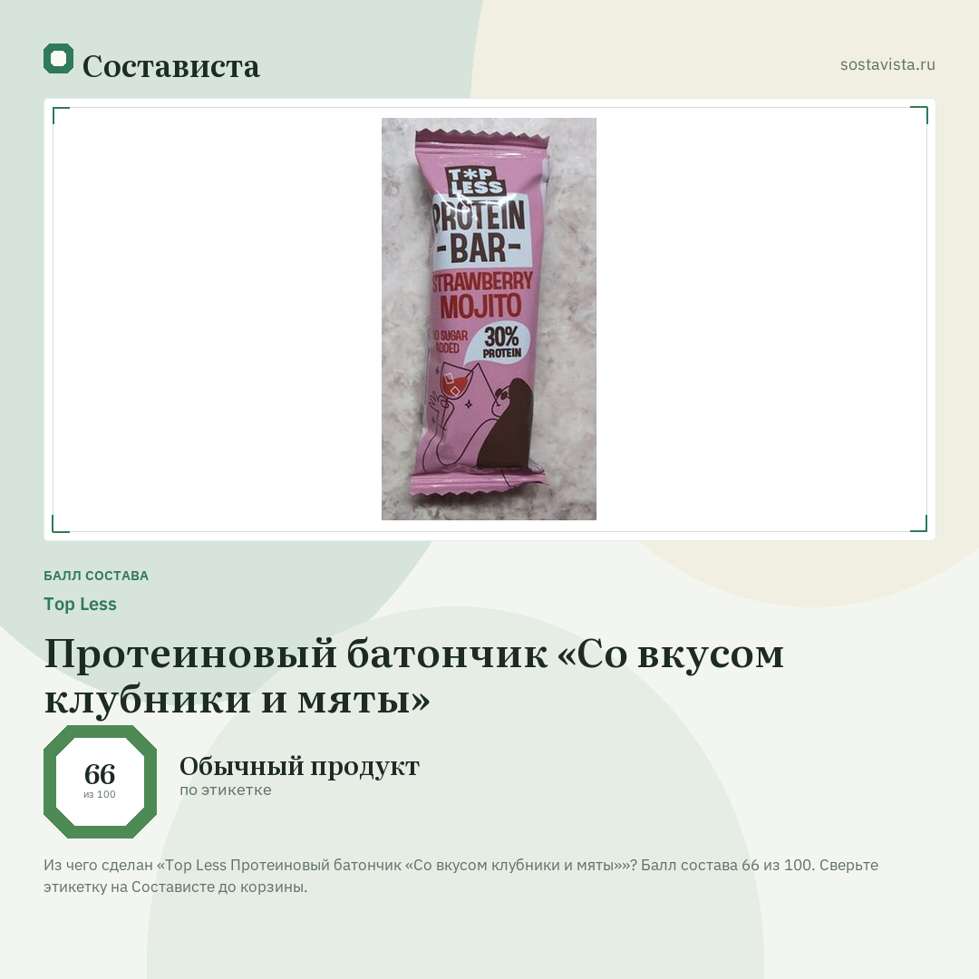 Top Less Протеиновый батончик «Со вкусом клубники и мяты»: балл состава 66 из 100 — Состависта