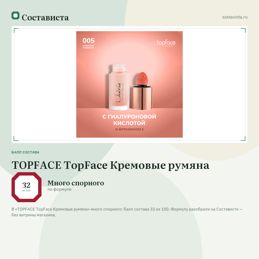 TOPFACE TopFace Кремовые румяна: балл состава 32 из 100 — Состависта