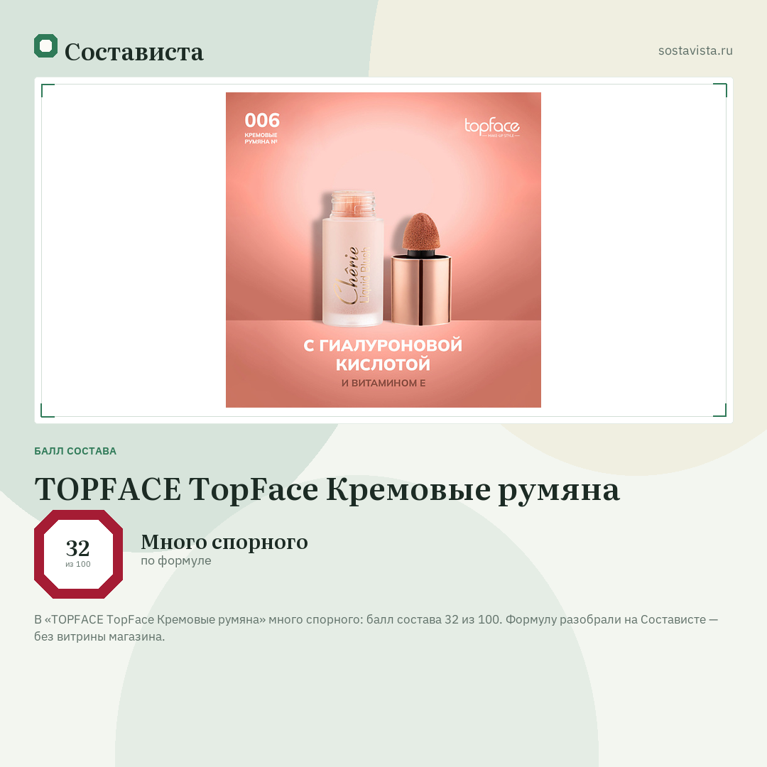 TOPFACE TopFace Кремовые румяна: балл состава 32 из 100 — Состависта