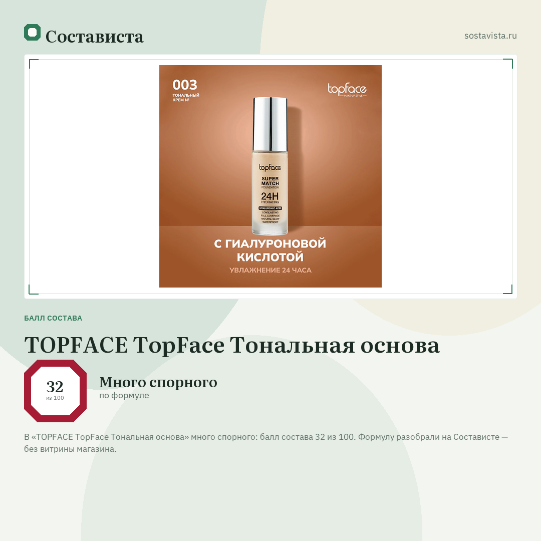 TOPFACE TopFace Тональная основа: балл состава 32 из 100 — Состависта