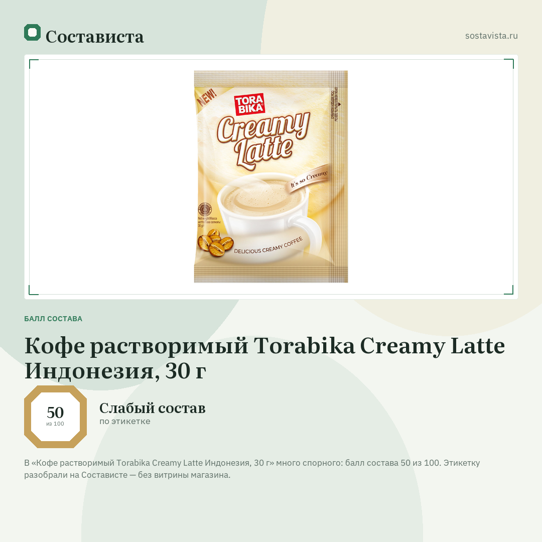 Кофе растворимый Torabika Creamy Latte Индонезия, 30 г: балл состава 50 из 100 — Состависта
