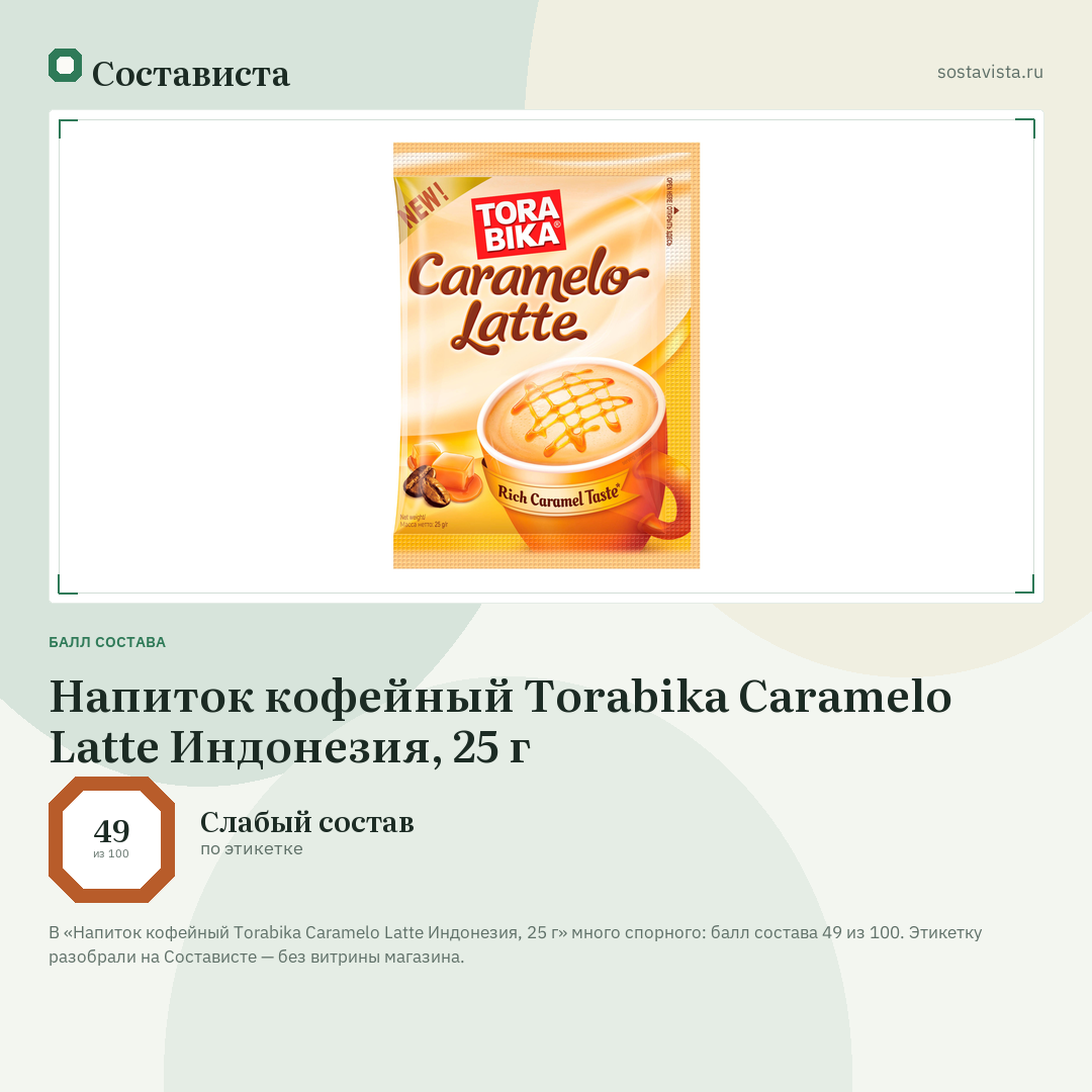 Напиток кофейный Torabika Caramelo Latte Индонезия, 25 г: балл состава 49 из 100 — Состависта
