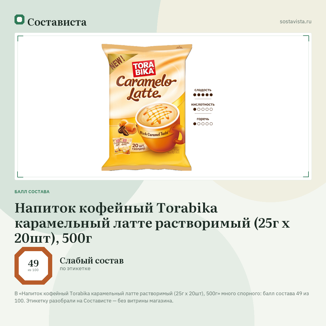Напиток кофейный Torabika карамельный латте растворимый (25г x 20шт), 500г: балл состава 49 из 100 — Состависта