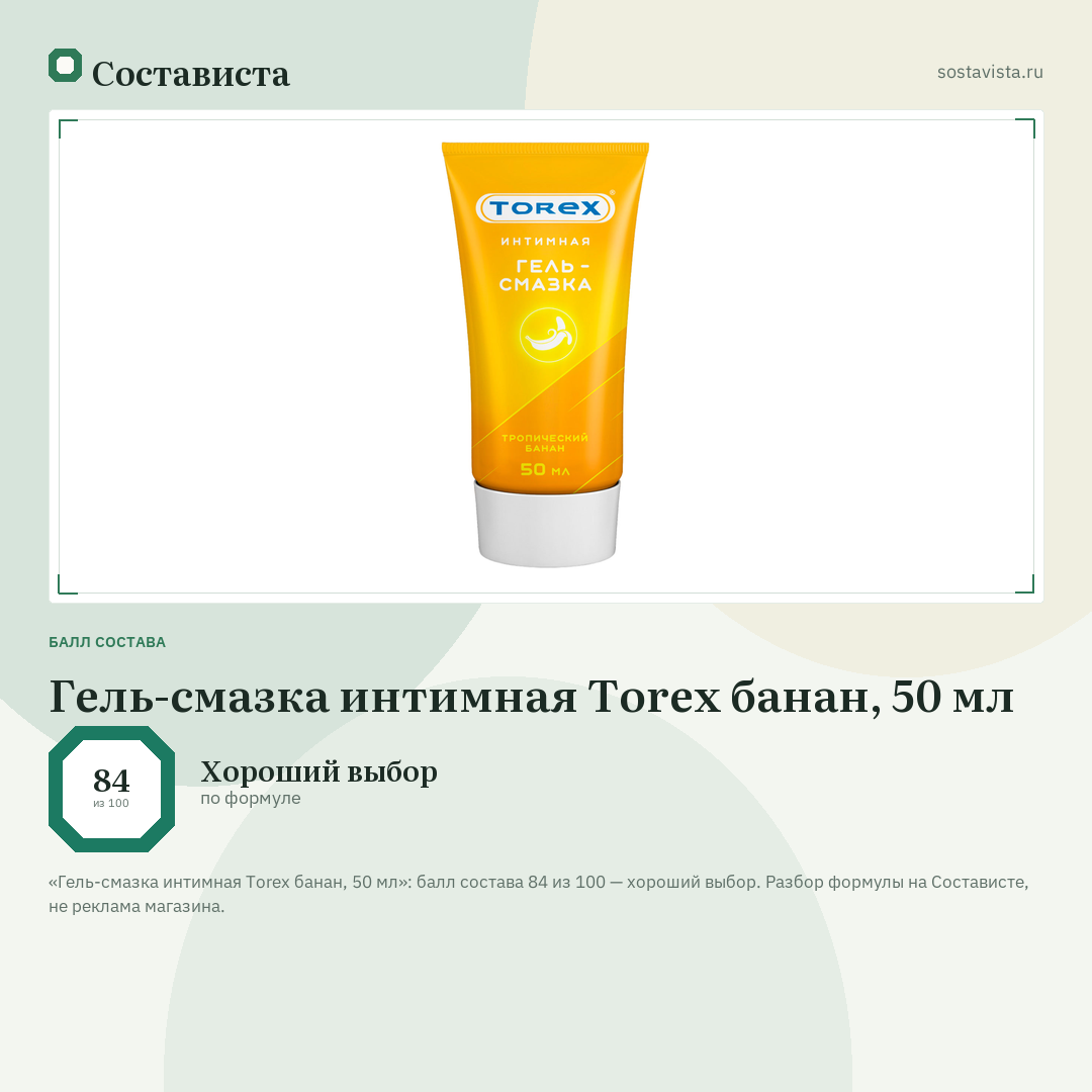 Гель-смазка интимная Torex банан, 50 мл: балл состава 84 из 100 — Состависта