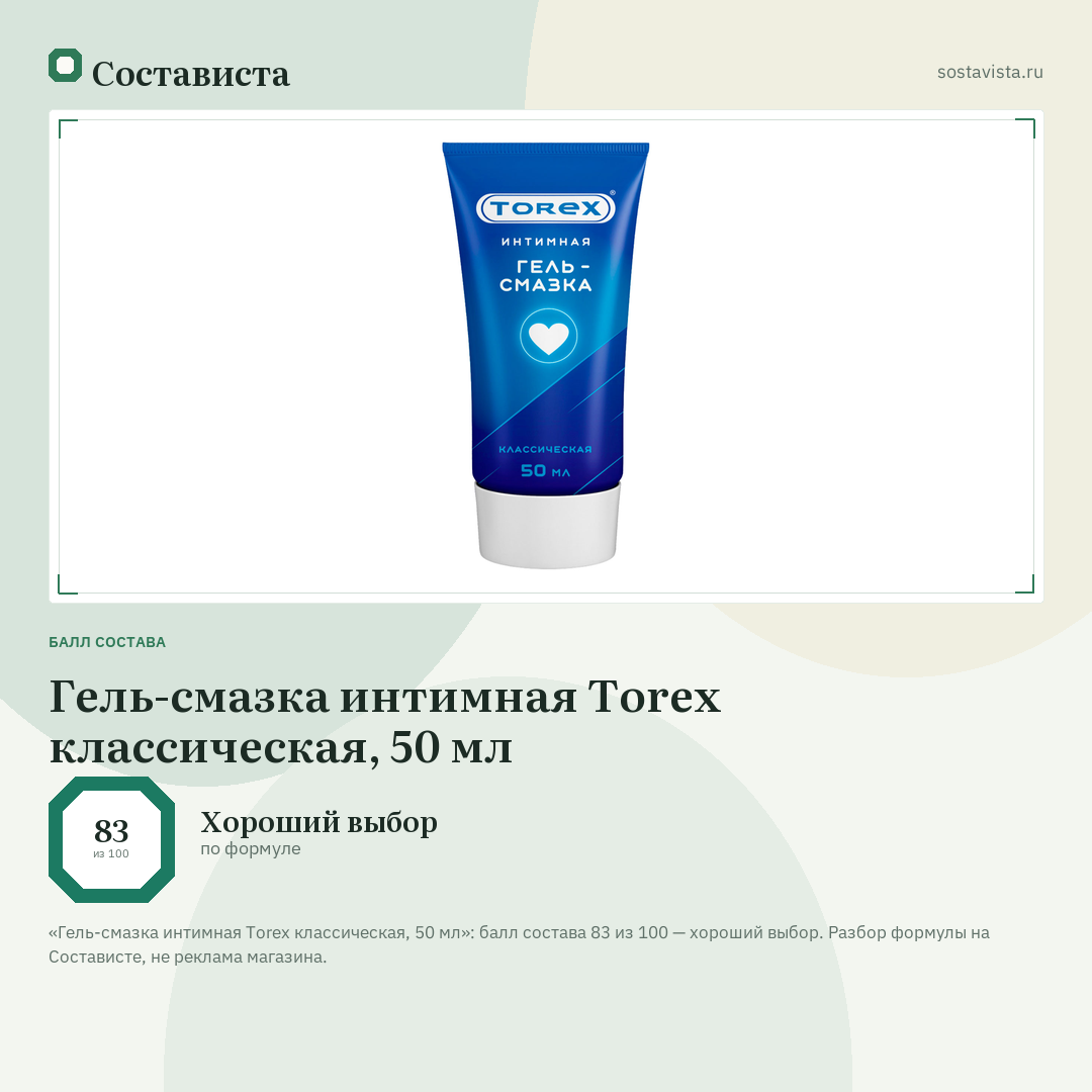 Гель-смазка интимная Torex классическая, 50 мл: балл состава 83 из 100 — Состависта