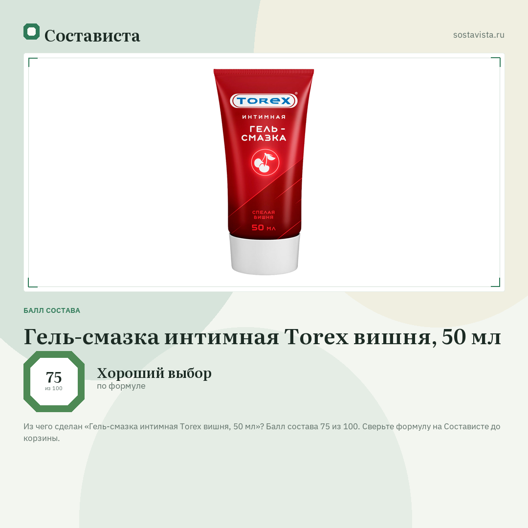 Гель-смазка интимная Torex вишня, 50 мл: балл состава 75 из 100 — Состависта