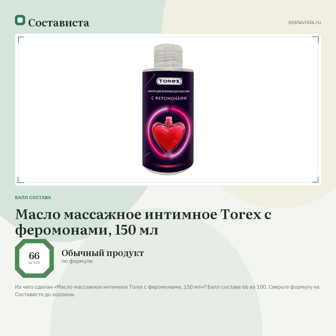 Масло массажное интимное Torex с феромонами, 150 мл: балл состава 66 из 100 — Состависта