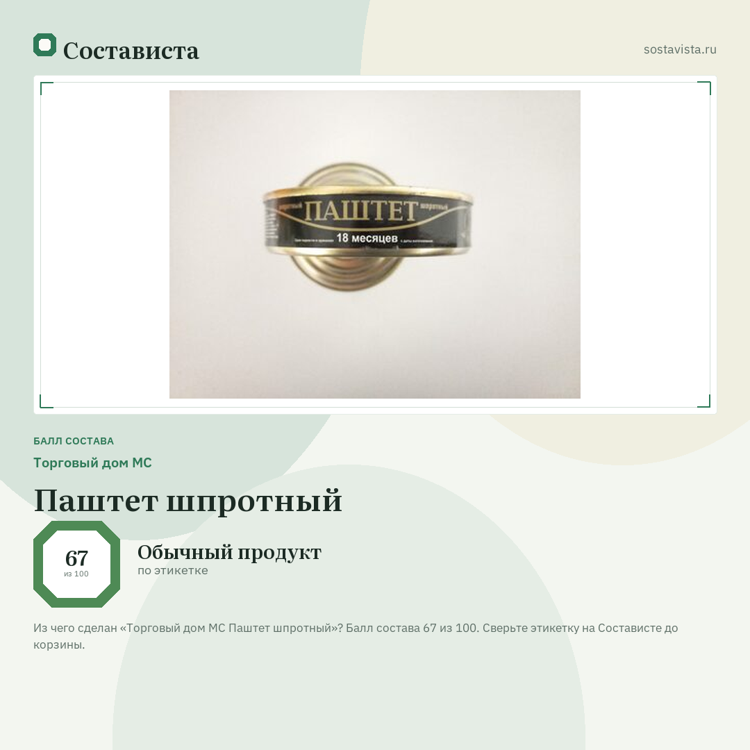 Торговый дом МС Паштет шпротный: балл состава 67 из 100 — Состависта