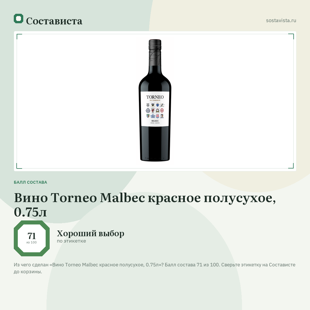 Вино Torneo Malbec красное полусухое, 0.75л: балл состава 71 из 100 — Состависта