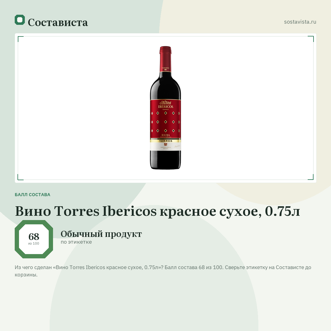Вино Torres Ibericos красное сухое, 0.75л: балл состава 68 из 100 — Состависта