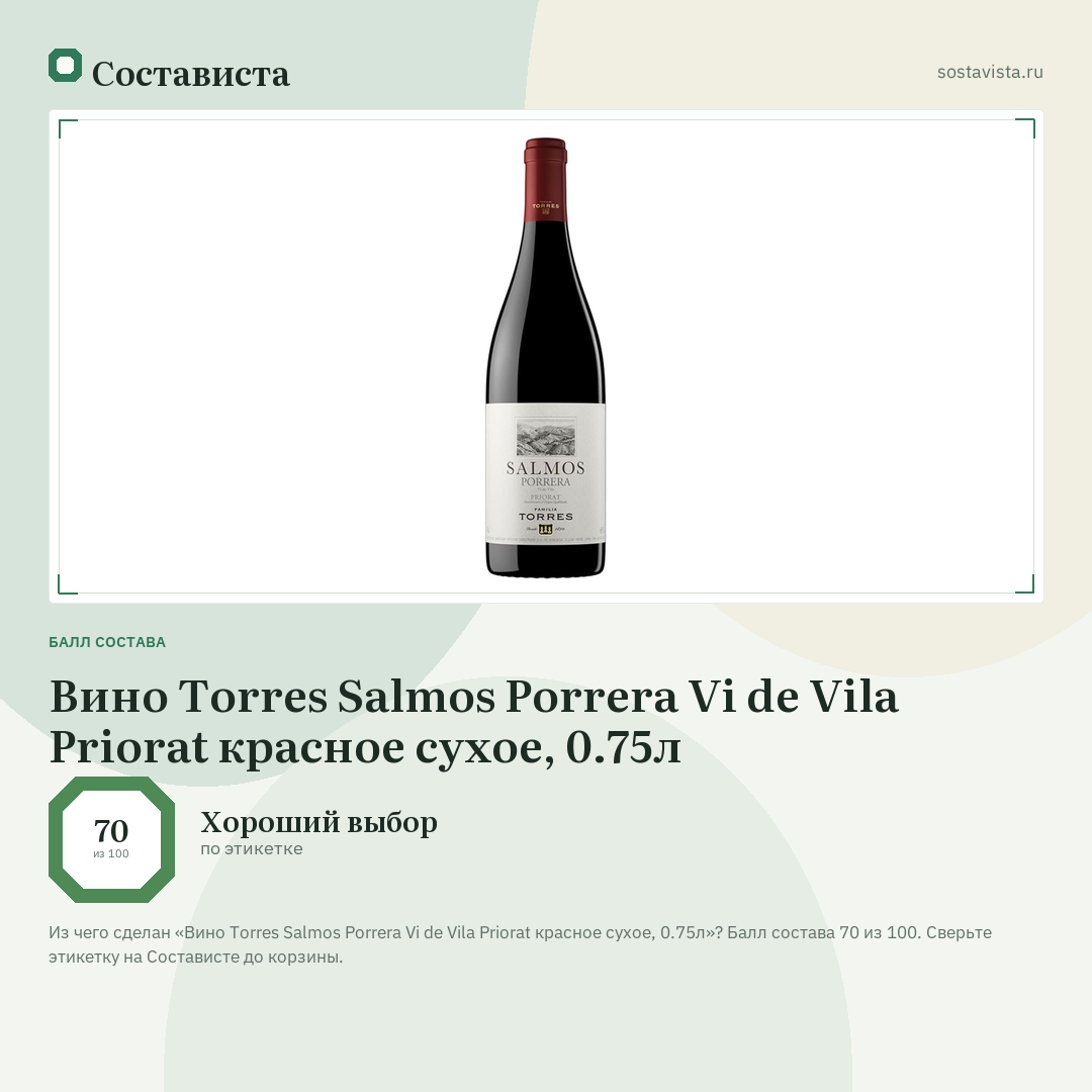 Вино Torres Salmos Porrera Vi de Vila Priorat красное сухое, 0.75л: балл состава 70 из 100 — Состависта
