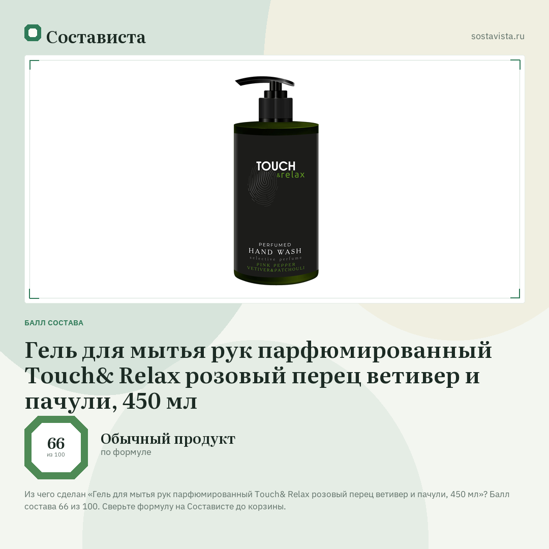 Гель для мытья рук парфюмированный Touch& Relax розовый перец ветивер и пачули, 450 мл: балл состава 66 из 100 — Состависта