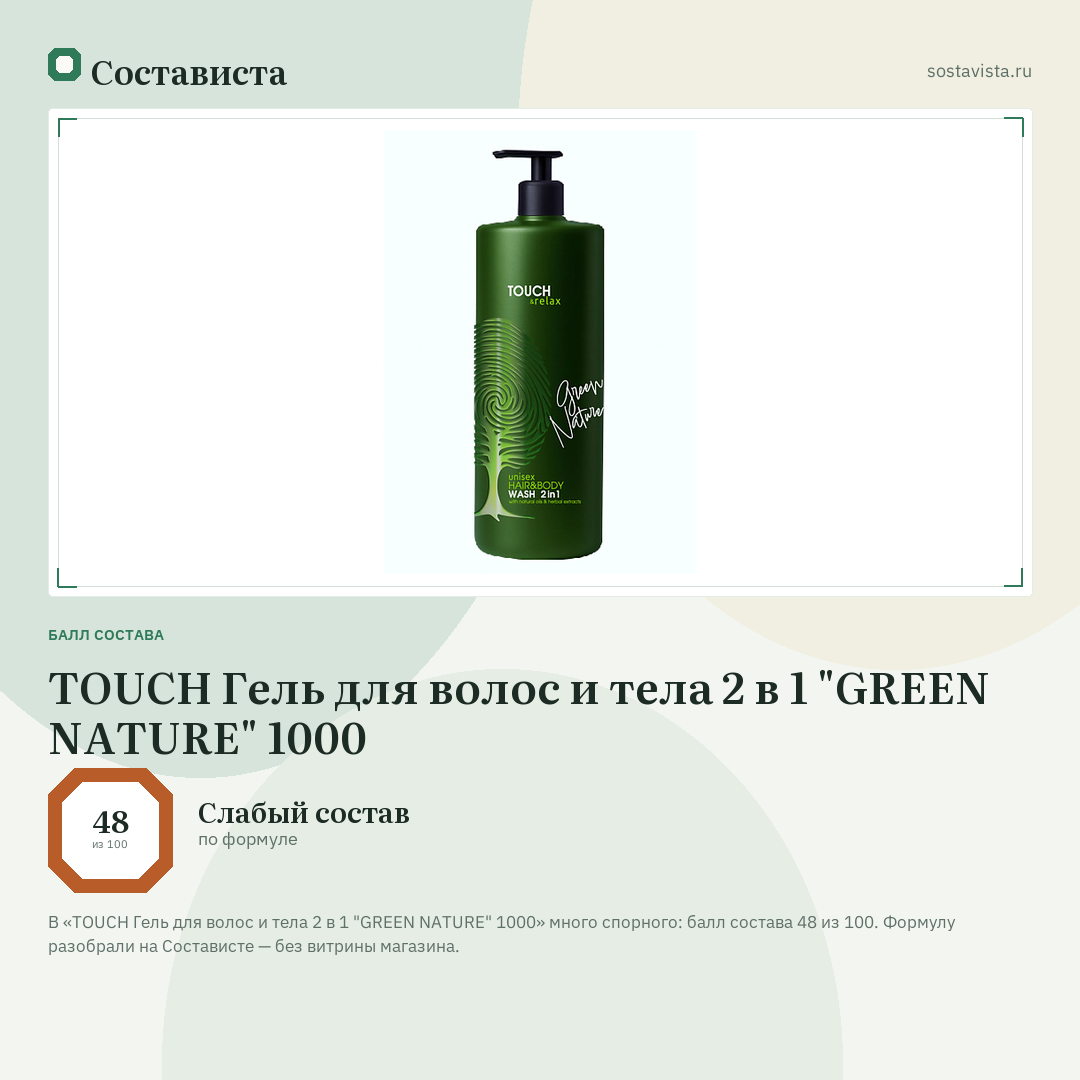 TOUCH Гель для волос и тела 2 в 1 "GREEN NATURE" 1000: балл состава 48 из 100 — Состависта