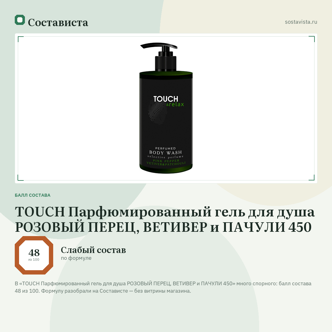TOUCH Парфюмированный гель для душа РОЗОВЫЙ ПЕРЕЦ, ВЕТИВЕР и ПАЧУЛИ 450: балл состава 48 из 100 — Состависта
