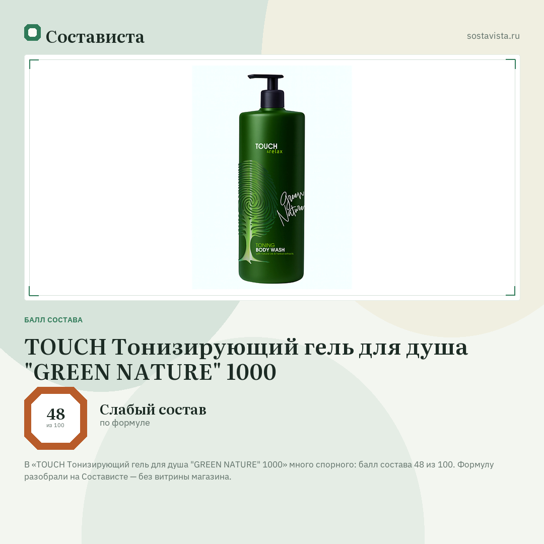 TOUCH Тонизирующий гель для душа "GREEN NATURE" 1000: балл состава 48 из 100 — Состависта