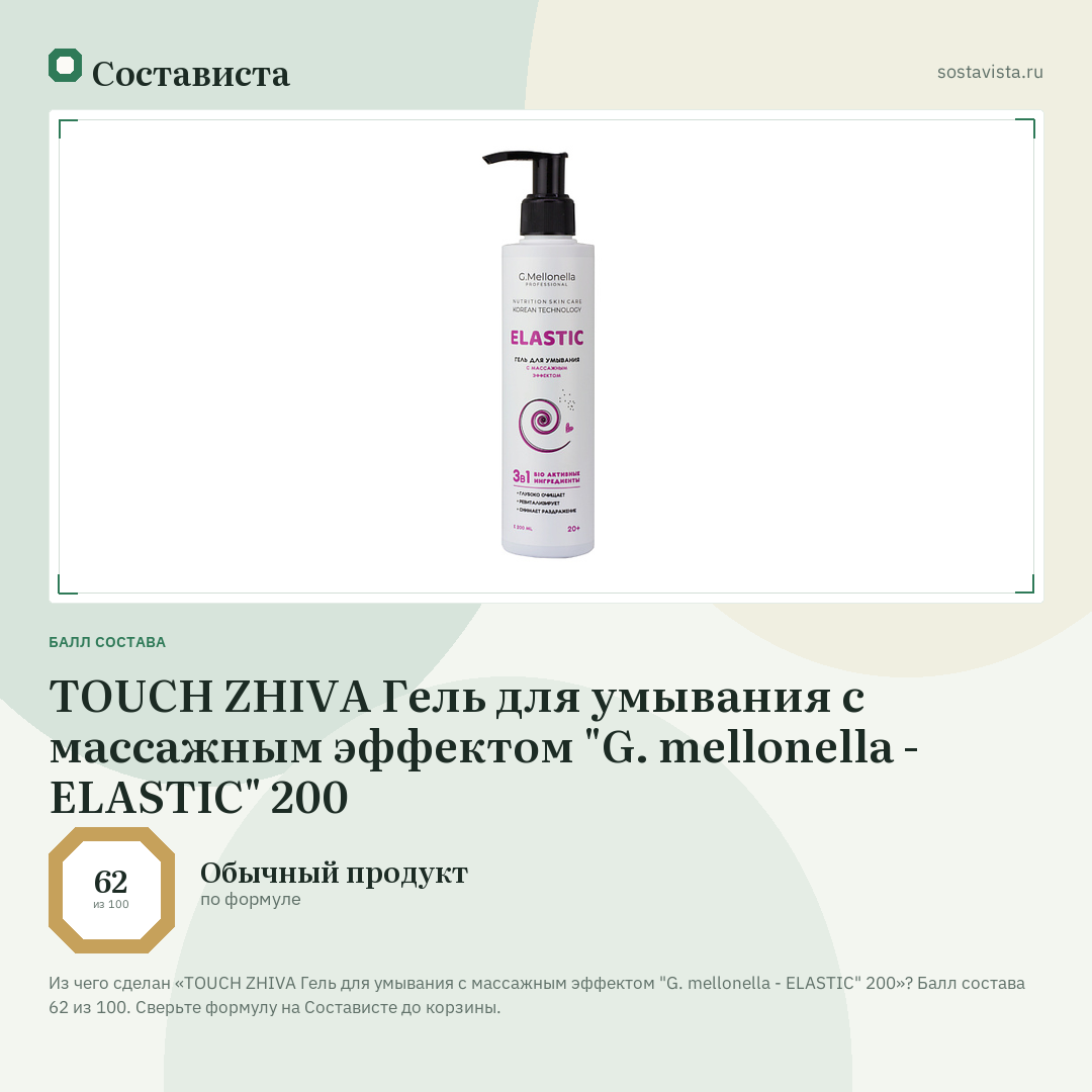 TOUCH ZHIVA Гель для умывания c массажным эффектом "G. mellonella - ELASTIC" 200: балл состава 62 из 100 — Состависта