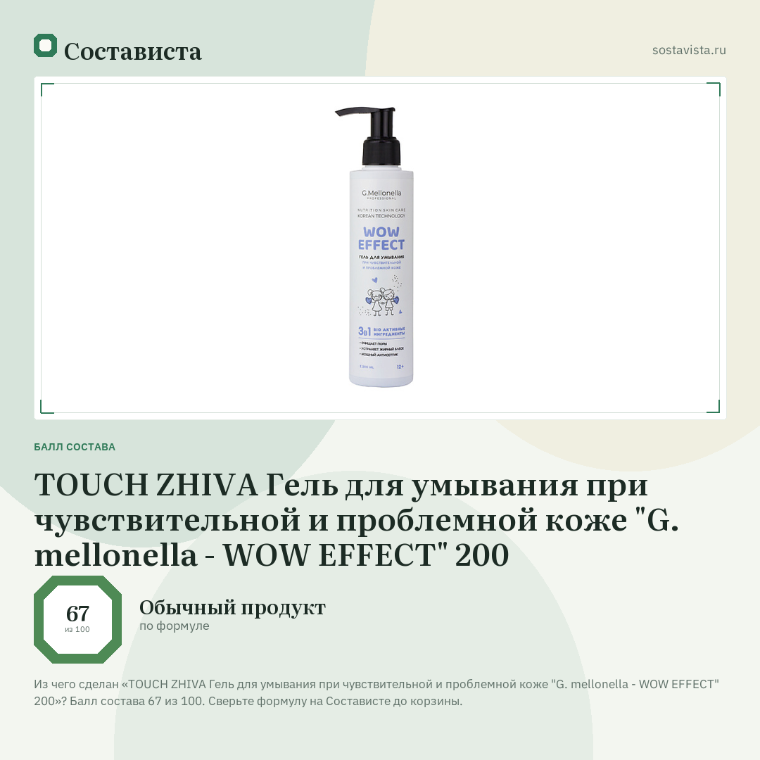 TOUCH ZHIVA Гель для умывания при чувствительной и проблемной коже "G. mellonella - WOW EFFECT" 200: балл состава 67 из 100 — Состависта