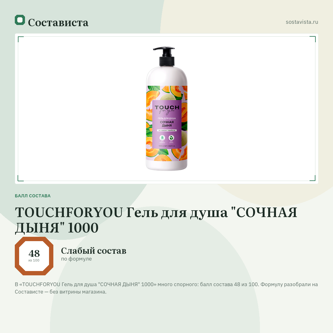 TOUCHFORYOU Гель для душа "СОЧНАЯ ДЫНЯ" 1000: балл состава 48 из 100 — Состависта