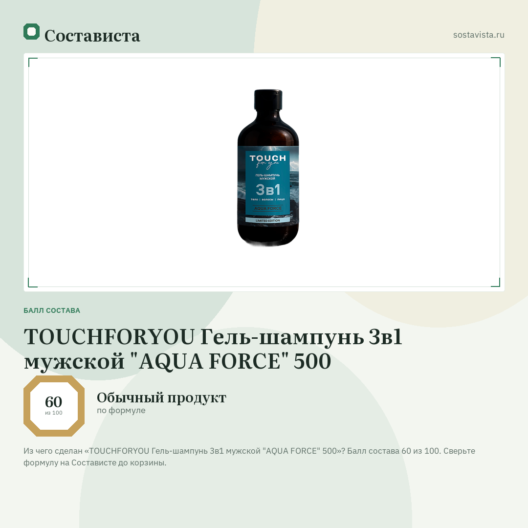 TOUCHFORYOU Гель-шампунь 3в1 мужской "AQUA FORCE" 500: балл состава 60 из 100 — Состависта