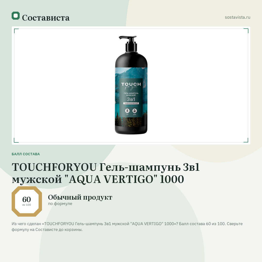 TOUCHFORYOU Гель-шампунь 3в1 мужской "AQUA VERTIGO" 1000: балл состава 60 из 100 — Состависта