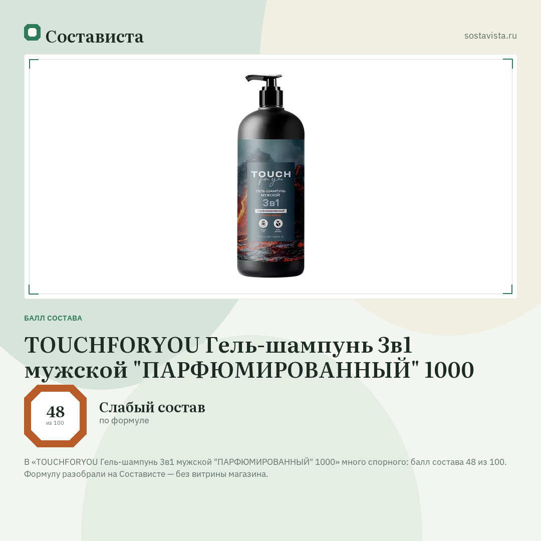 TOUCHFORYOU Гель-шампунь 3в1 мужской "ПАРФЮМИРОВАННЫЙ" 1000: балл состава 48 из 100 — Состависта