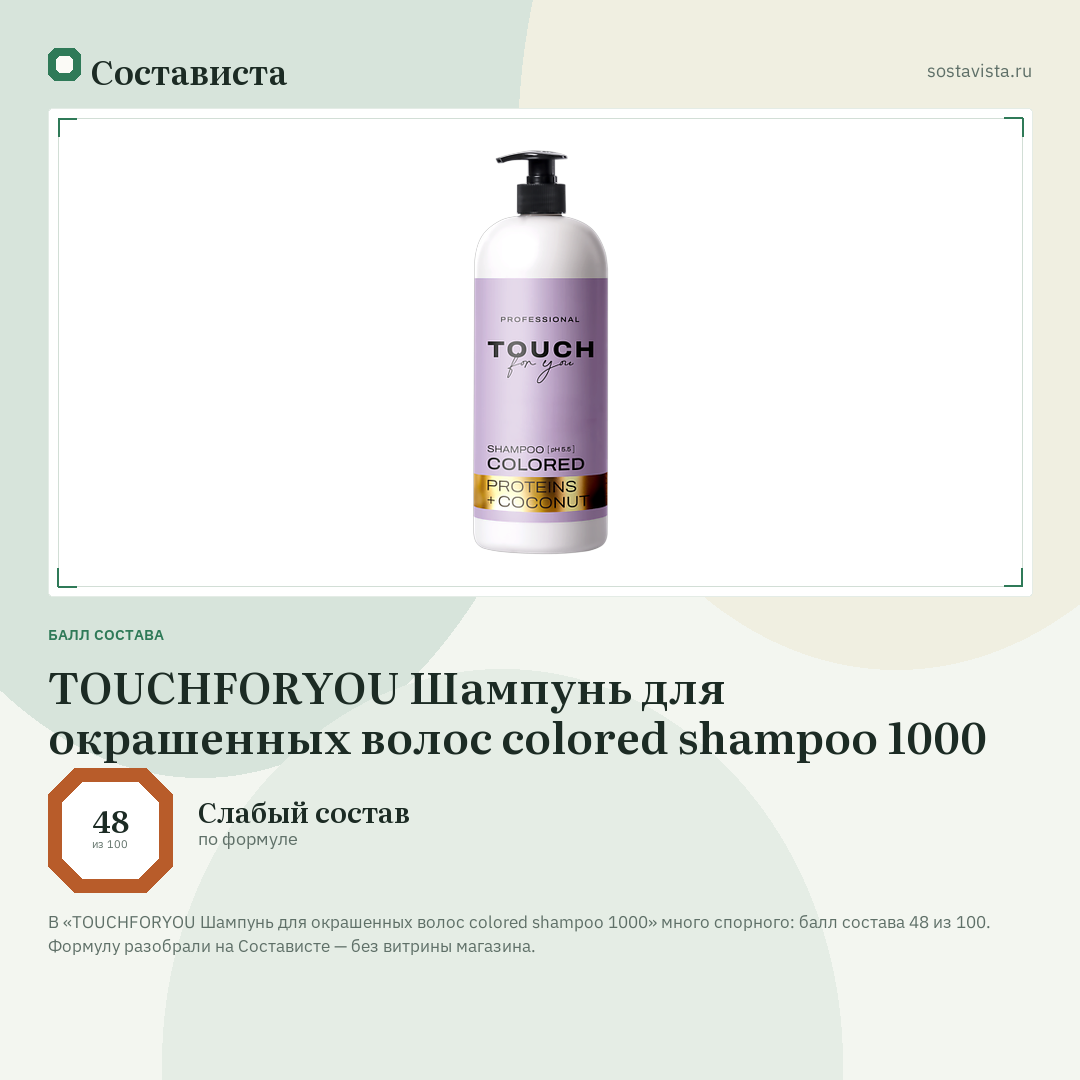 TOUCHFORYOU Шампунь для окрашенных волос colored shampoo 1000: балл состава 48 из 100 — Состависта