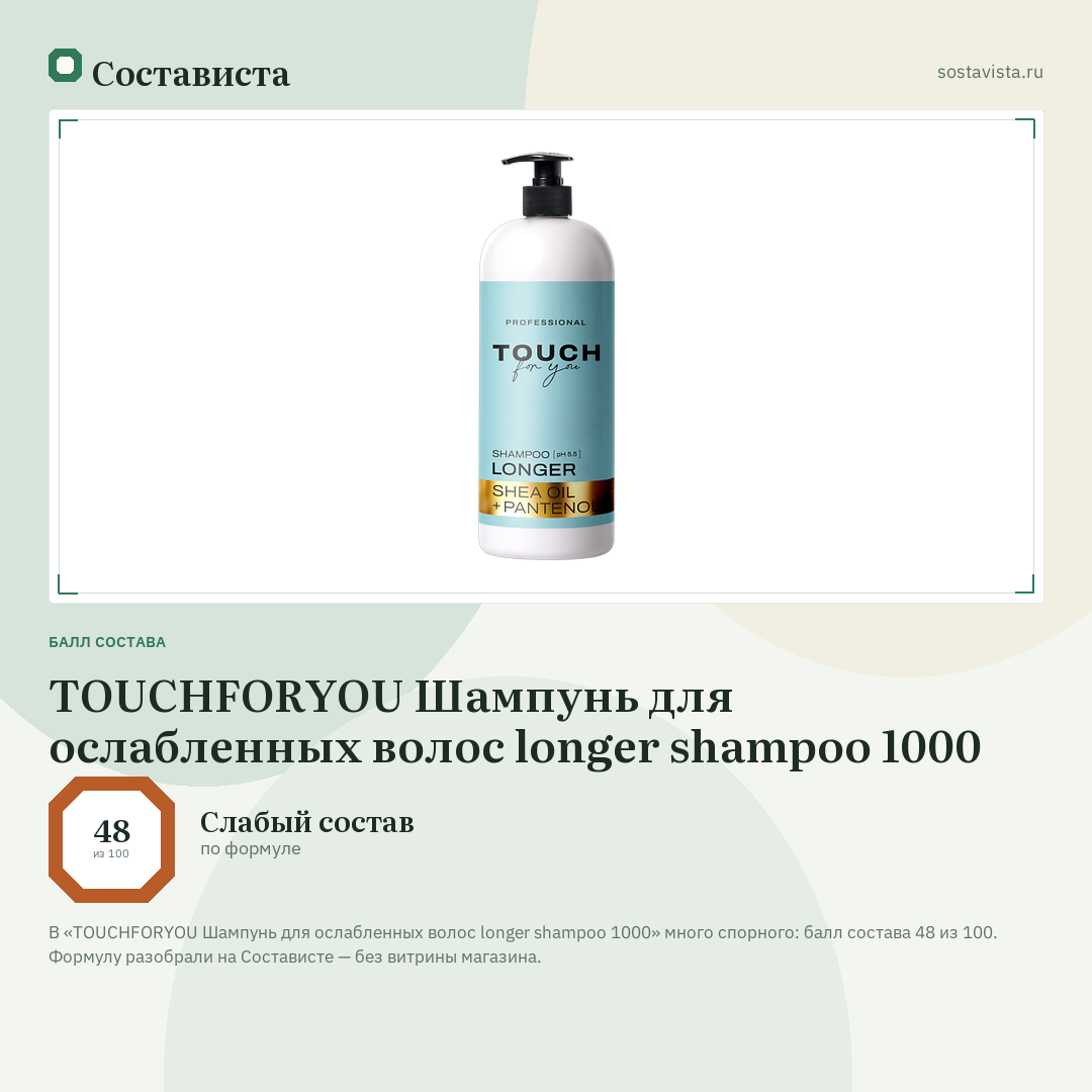 TOUCHFORYOU Шампунь для ослабленных волос longer shampoo 1000: балл состава 48 из 100 — Состависта