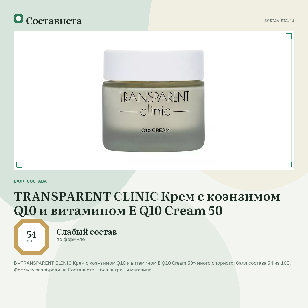 TRANSPARENT CLINIC Крем с коэнзимом Q10 и витамином Е Q10 Cream 50: балл состава 54 из 100 — Состависта
