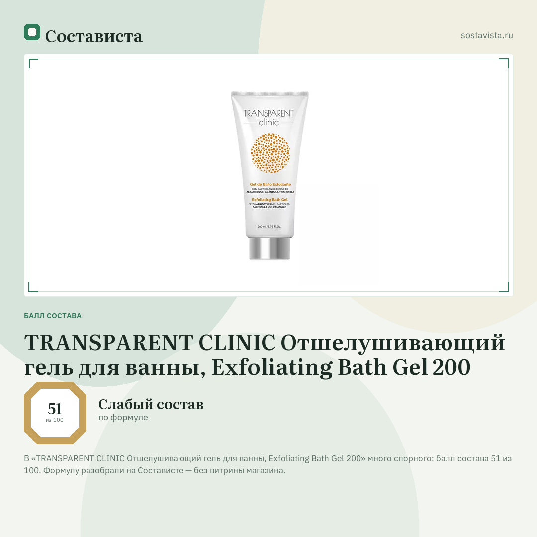 TRANSPARENT CLINIC Отшелушивающий гель для ванны, Exfoliating Bath Gel 200: балл состава 51 из 100 — Состависта