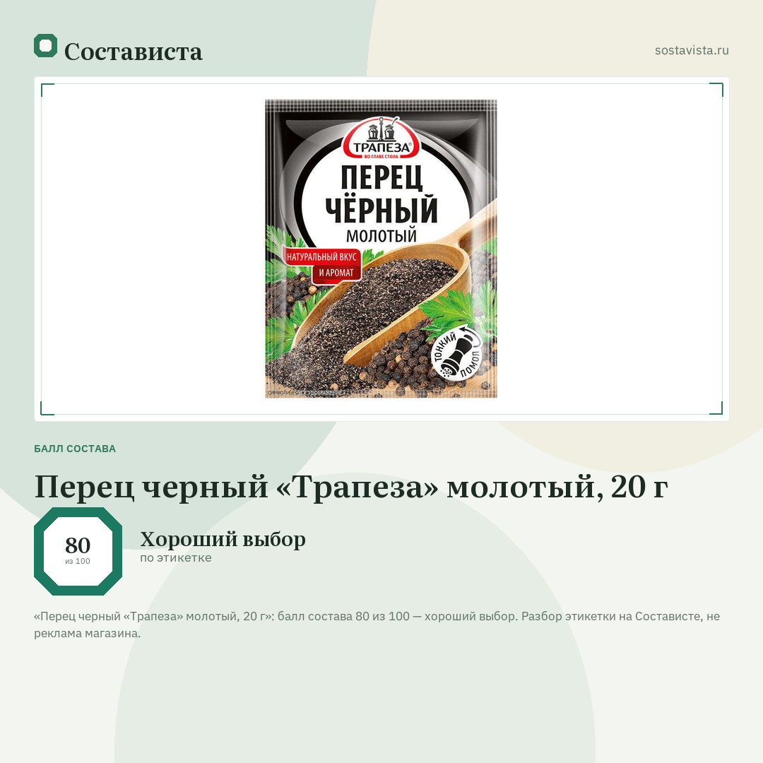 Перец черный «Трапеза» молотый, 20 г: балл состава 80 из 100 — Состависта