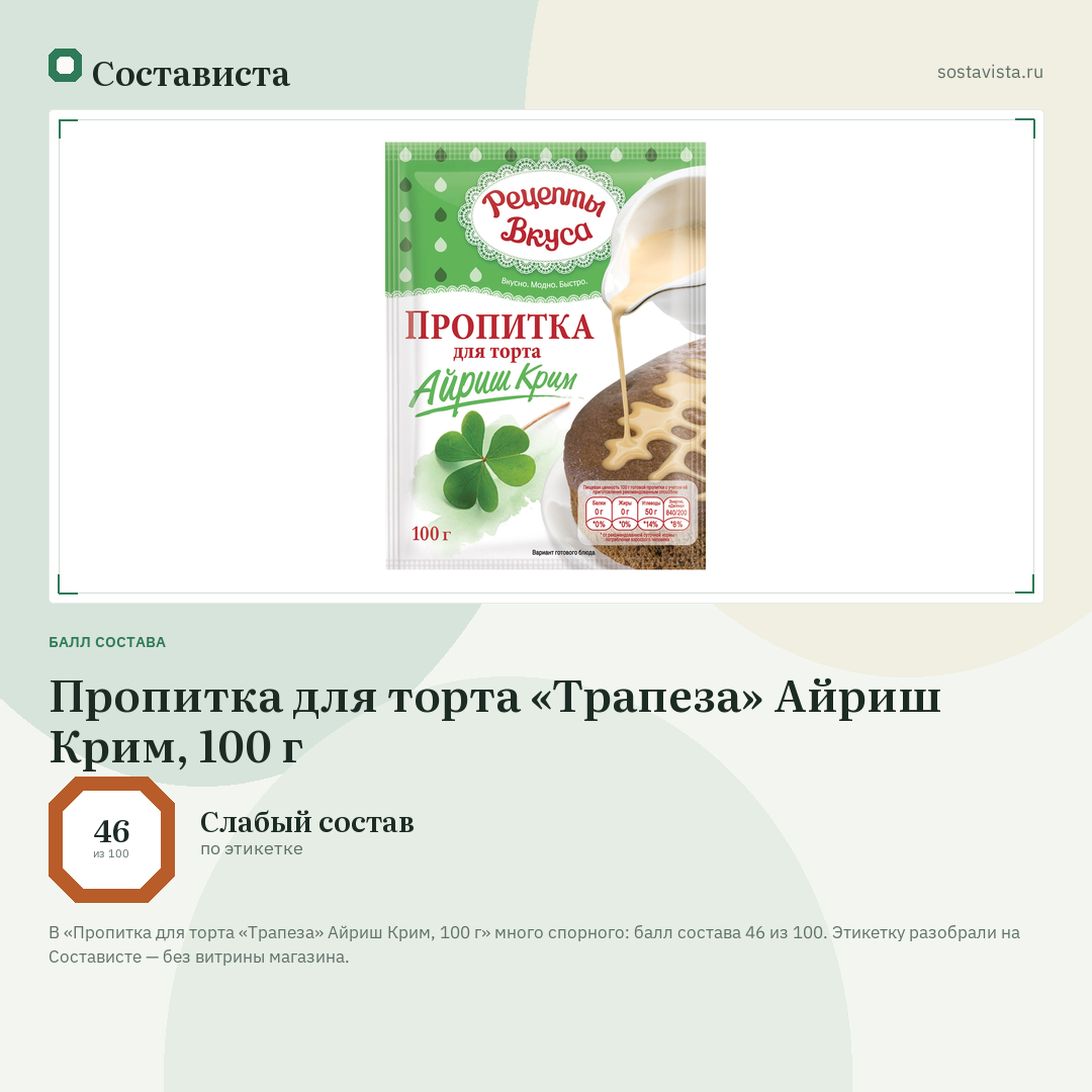 Пропитка для торта «Трапеза» Айриш Крим, 100 г: балл состава 46 из 100 — Состависта