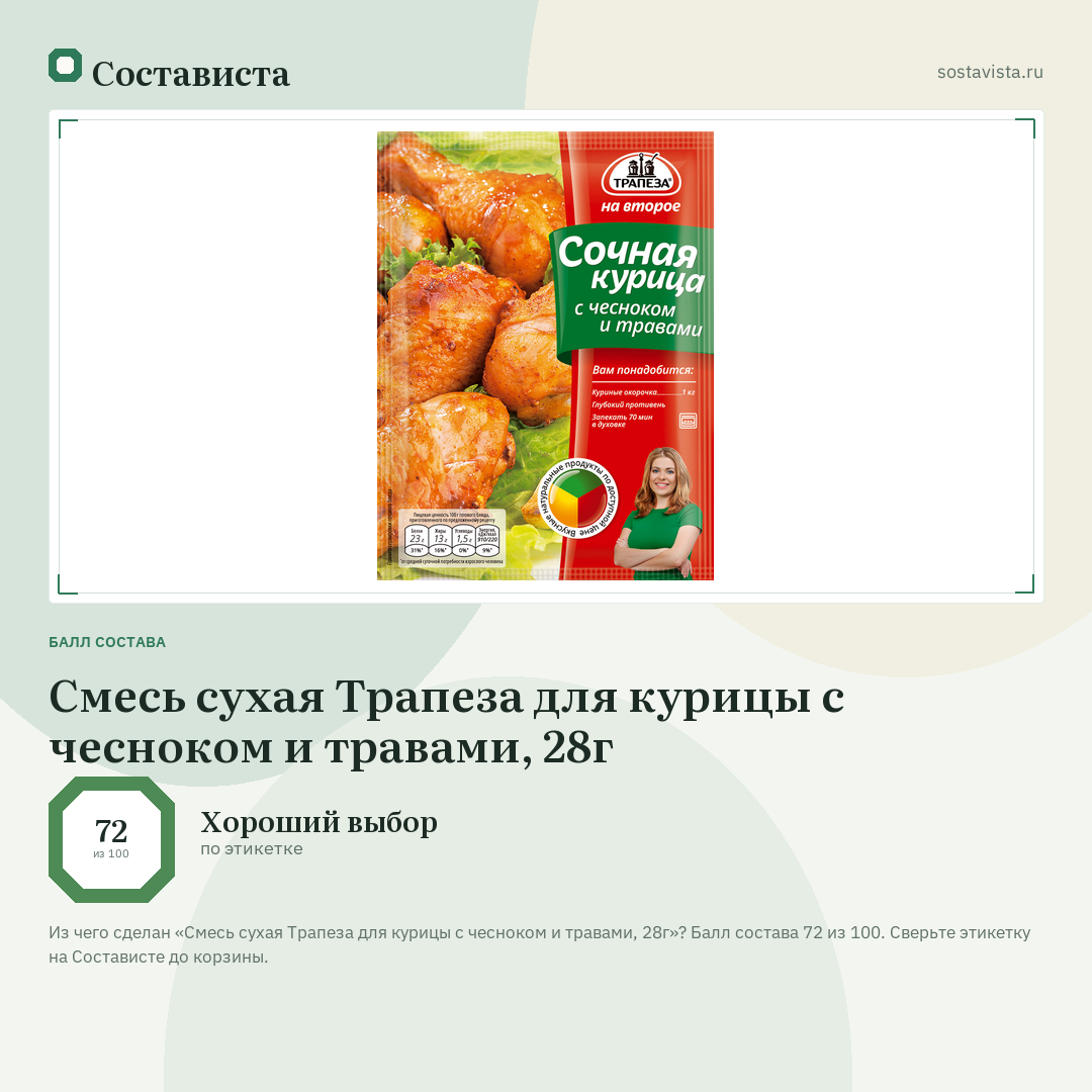 Смесь сухая Трапеза для курицы с чесноком и травами, 28г: балл состава 72 из 100 — Состависта